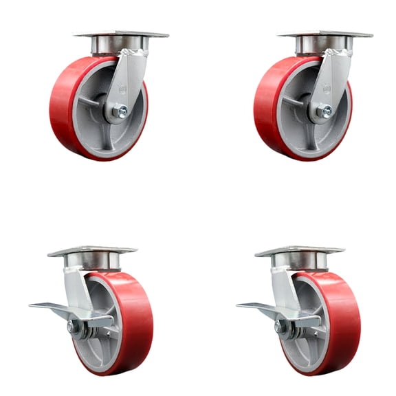 6 Inch Kingpinless Red Poly on Steel Wheel Swivel Caster Set with 2 Brakes SCC