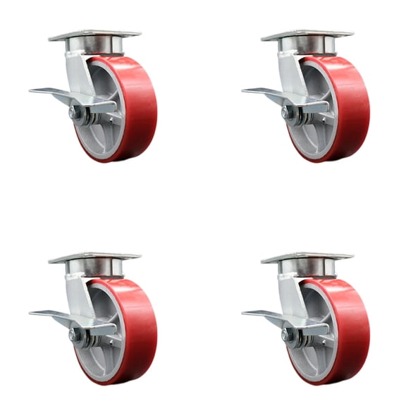 6 Inch Kingpinless Red Poly on Steel Wheel Swivel Caster Set with Brakes SCC