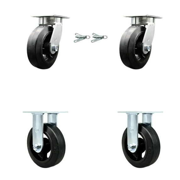 6 Inch Kingpinless Rubber on Steel Wheel Caster Set 2 Swivel Locks 2 Rigid SCC