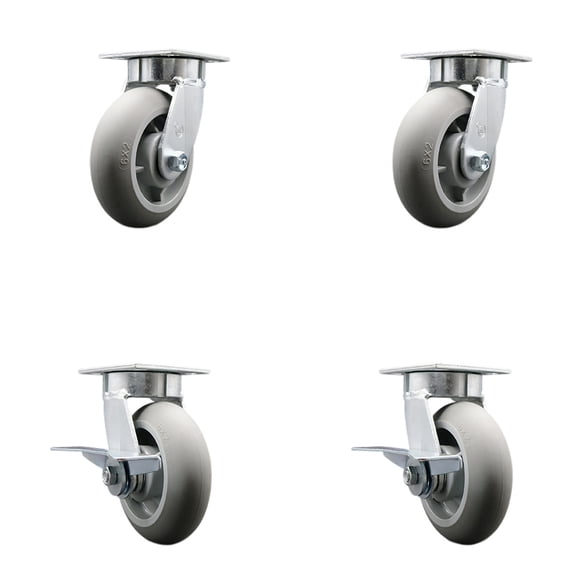 6 Inch Kingpinless Thermoplastic Rubber Wheel Swivel Caster Set with 2 Brakes