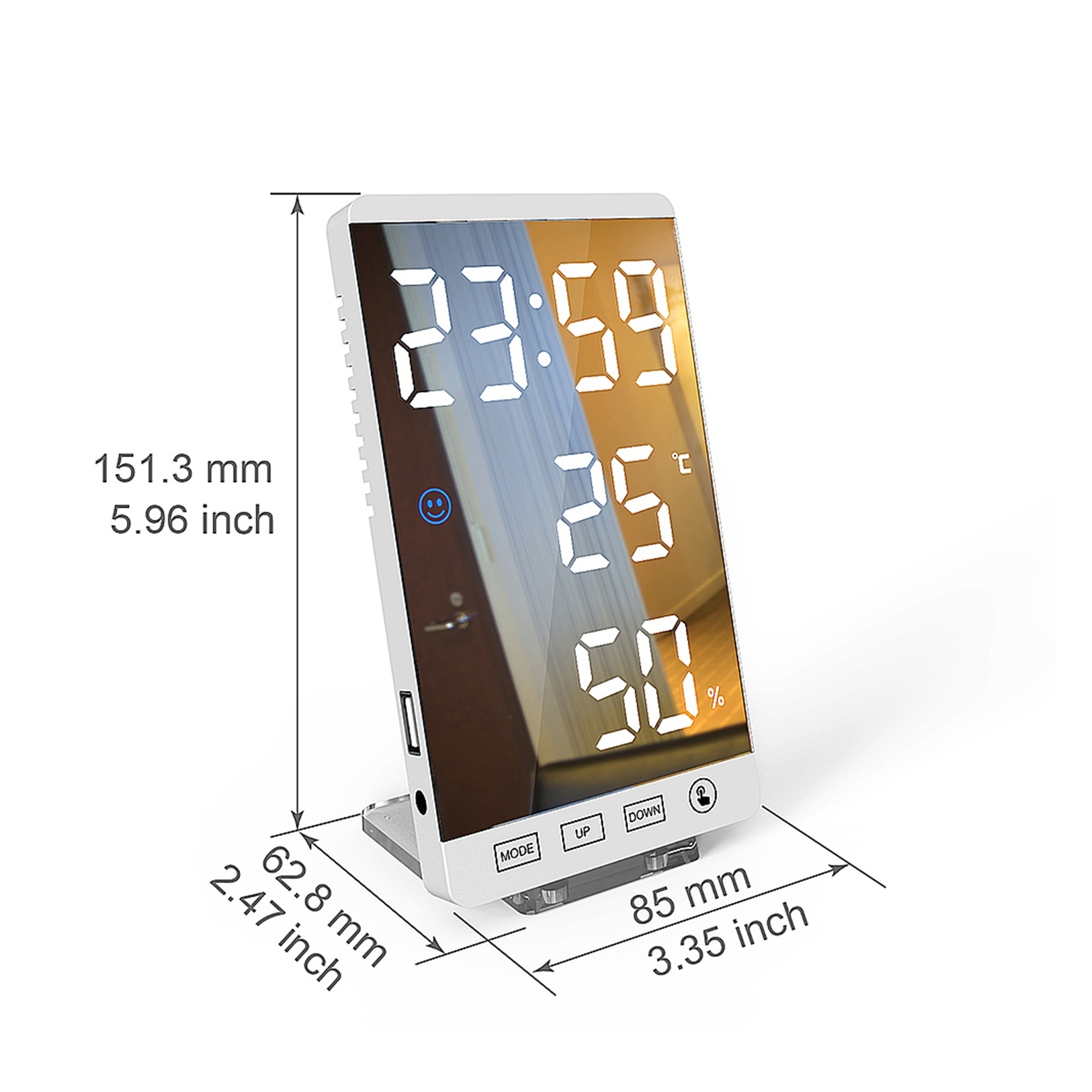 6 Inch LED Mirror Alarm Clock Touch Button Wall Digital Clock Time