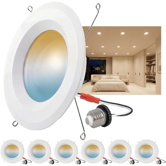 6 Inch LED Recessed Lighting 6 Pack, Retrofit LED Can Lights, 5CCT Recessed Lights, Selectable 2700K/3000K/3500K/4000K/5000K, 1050LM, 9.5W Eqv 110W, IC & Wet Rated, ETL & FCC, Smooth Trim