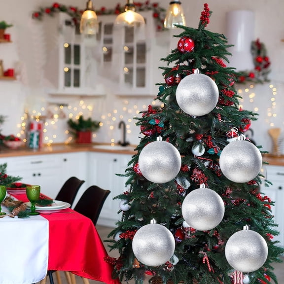 6 Inch Large Christmas Decorations, Shatterproof Plastic Balls, Christmas Ornaments Balls, Christmas Tree Glitter Ornaments, Hanging Balls for Holiday Festival Party Wreath Home Decor (Silvery)