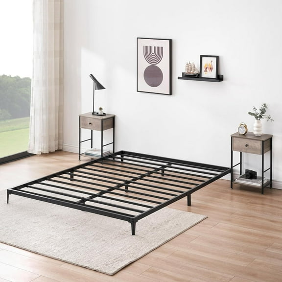6 Inch Low Full Bed Frame with Steel Slat Support, Low Profile Full Metal Platform Bed Frame No Box Spring Needed, Mattress Foundation, Noise Free, Black
