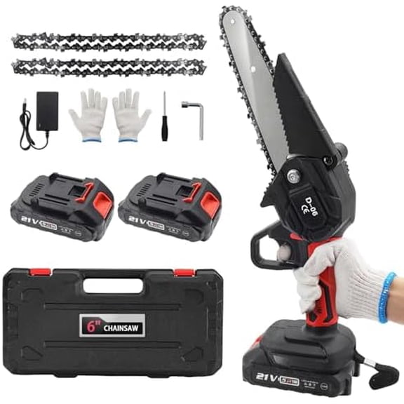 6 Inch Mini Chainsaw Cordless, Powerful 21V with 2-Pack Charger, 3 Chains & 2 Gloves, Handheld Electric Saw for Wood Cutting, Tree Trimming, Yard Work & Home Use (Red)$$Garden & Patio