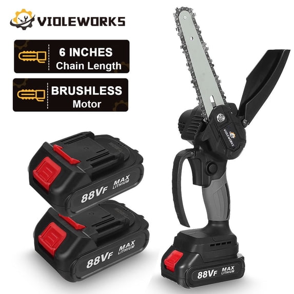 6-Inch Mini Cordless Chainsaw with 2Pcs Batteries, Electric Handheld Small Chainsaw, Brushless Power Chain Saws with Safety Switch, for Wood Cutting Tree Branch Trimming, Black