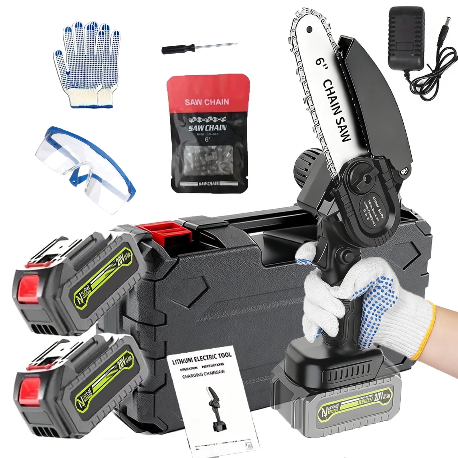 6 Inch Mini Cordless Chainsaw, Handheld Electric Chain Saw with 2 ...