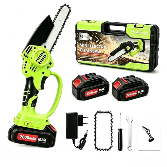 6 Inch Mini Cordless Electric Chainsaw, 2×2000mAh Rechargeable Batteries, Portable Handheld Pruning Saw with Storage Case for Garden Yard Tree Branch Cutting, Green