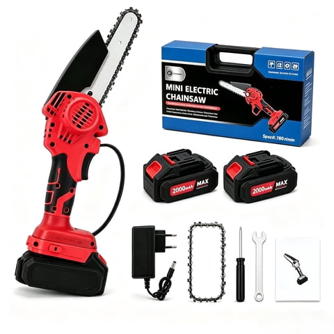 6 Inch Mini Cordless Electric Pruning Chainsaw, 2×2000mAh Rechargeable Lithium Batteries, Handheld Portable Garden Cutting Saw with Hard Storage Case for Yard Trimming, Red