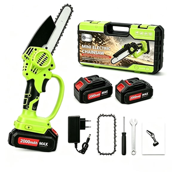 6 Inch Mini Cordless Electric Pruning Chainsaw, 2 Pack 2000mAh Rechargeable Lithium Batteries, Handheld Portable Garden Cutting Saw with Hard Storage Case for Yard Branch Trimming, Green