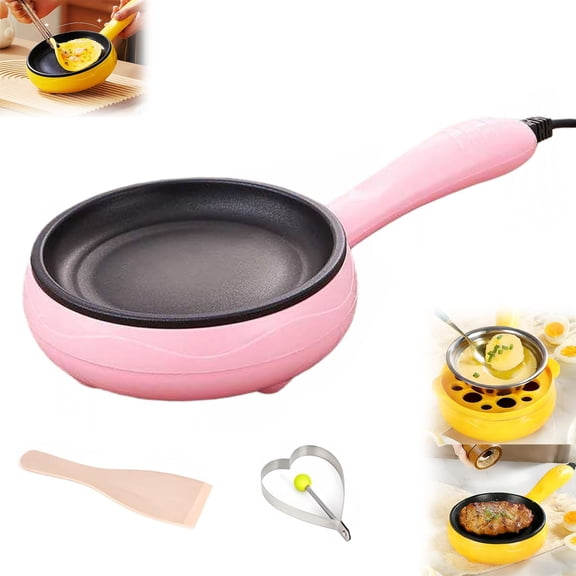 6 Inch Mini Electric Egg Skillet with Handle , Stainless Steel Nonstick Frying Pan for Eggs and Omelette, Compact & Portable, Ideal for Dorm, RV and Single Serve Cooking (Pink)
