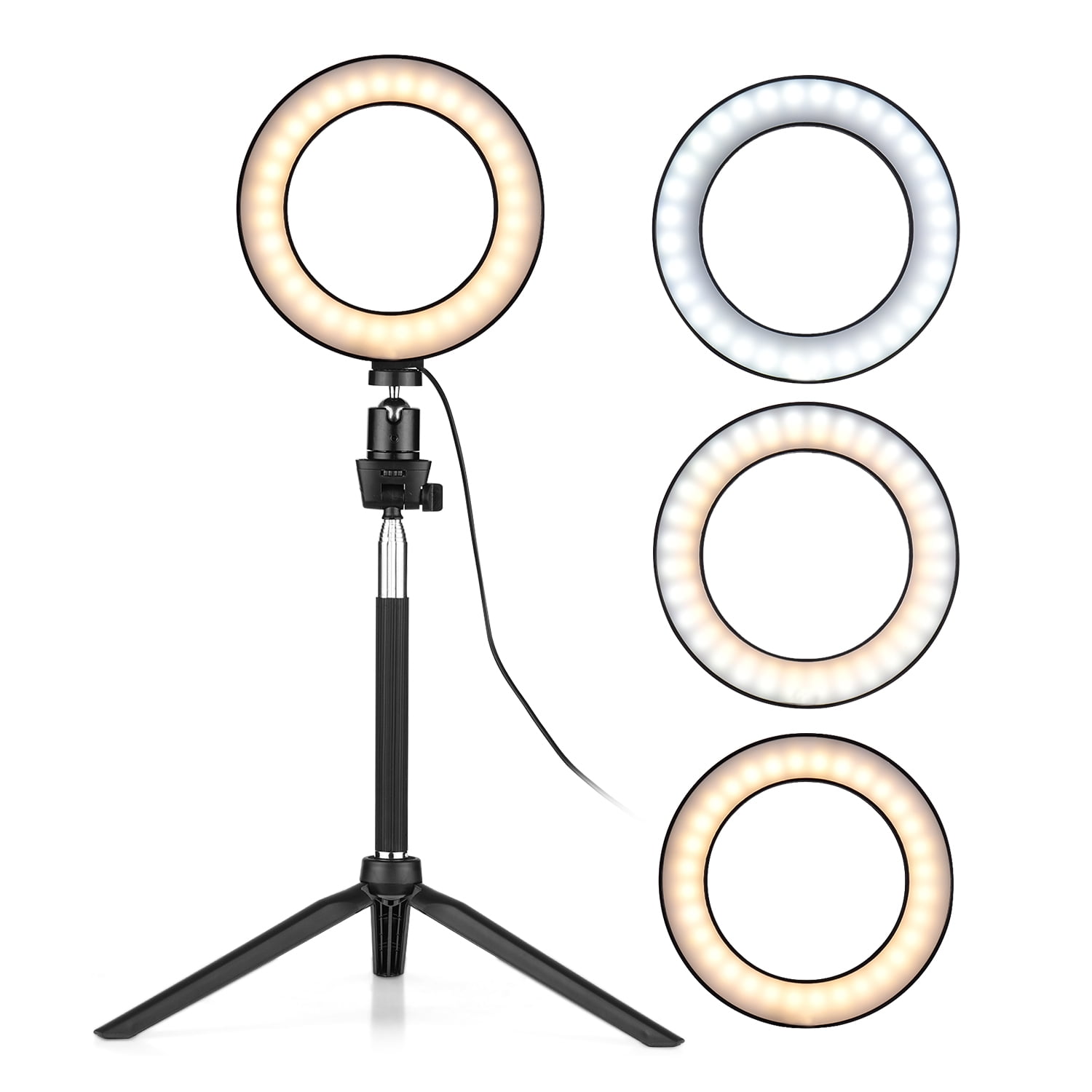6 Inch Mini LED Ring Light Photography Lamp Dimmable 3 Lighting Modes USB Powered with Telescopic Stand Mini Desktop Tripod Ballhead for Selfie Photography