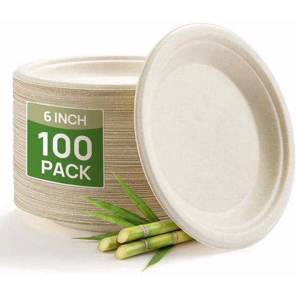 6 Inch Natural Compostable Plates 100 Pack, 100% FSC Certified Unbleached Bagasse Paper Plates, Heavy Duty Eco Friendly Disposable Plates for Party, Wedding, BBQ, Catering & Everyday Use