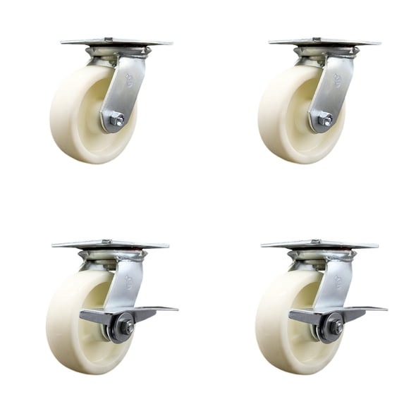 6 Inch Nylon Swivel Caster Set with Ball Bearings 2 Brakes Service Caster