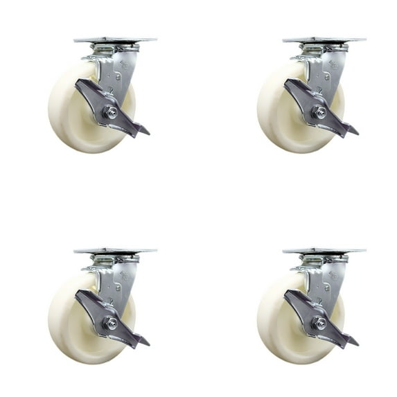 6 Inch Nylon Swivel Caster Set with Ball Bearings and Brakes Service Caster