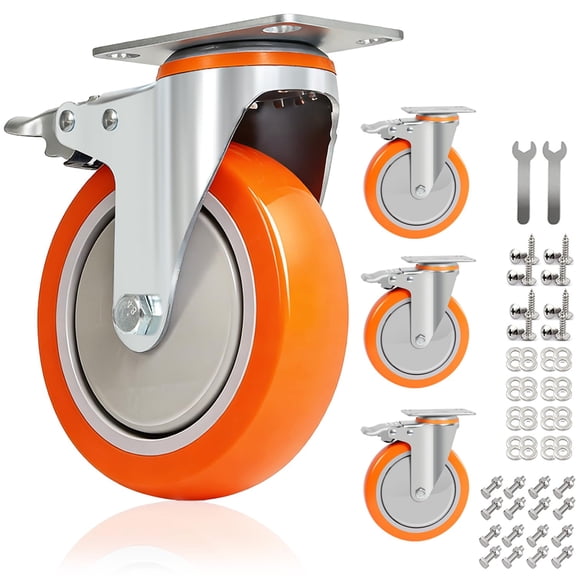 6 Inch Orange Swivel Casters, 2600lb Capacity Heavy Duty Industrial Plate Mount Casters for Furniture Dollies Tool Carts