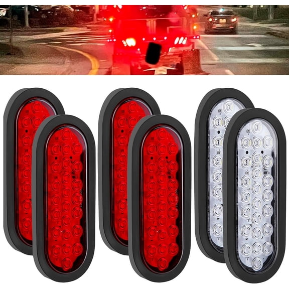 6" Inch Oval Led Tail Lights Red Turn Stop Tail Lights 24 Diodes 3-pin Plug & Flush Mount Grommets for RV (4 Red + 2 White