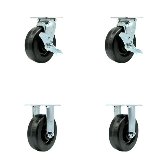 6 Inch Phenolic Caster Set with Roller Bearings 2 Brakes 2 Rigid Service Caster