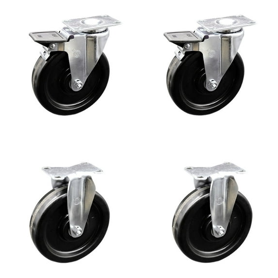 6 Inch Phenolic Swivel Top Plate Caster Set with 2 Brakes 2 Rigid Service Caster