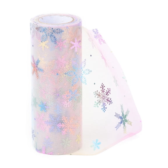 6 Inch Pink Snowflake Sheer Mesh Ribbon Wide Holiday Winter Snow Glitter Gradient Pastel Sparkling Netting Tulle Fabric Rolls Bulk