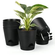 6 Inch Plant Pot Set of 6, Black, Self Watering Planters with Drainage Holes and Saucers, Plastic Flower Pot with Watering Lip for Indoor Outdoor All House Plants