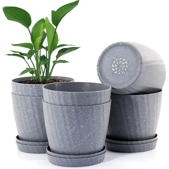 6 Inch Plant Pots Bulk, 6 Pack Plastic Planters with Drainage Holes and Saucers for Indoor Outdoor House Plants and Flowers, Grey Spots