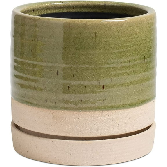 6 Inch Plant Pots, Ceramic Planter Pot with Drainage Hole & Saucer, Indoor/Outdoor Cylinder Round Planter Pot, Green & Beige