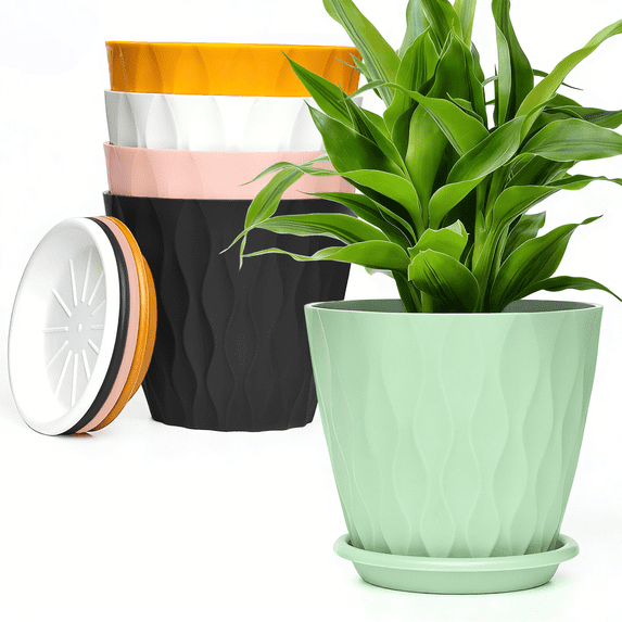 6-Inch Plastic Plant Pots, 5-Pack Flower Pots with Drainage Holes & Saucers, Indoor Outdoor Planters for Garden & Home, Multicolor