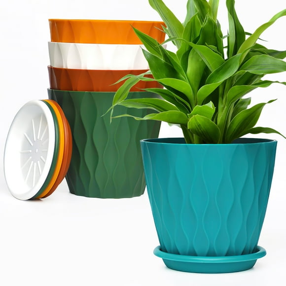 6-Inch Plastic Plant Pots, 5-Pack Flower Pots with Drainage Holes & Saucers, Indoor Outdoor Planters for Garden & Home, Multicolor