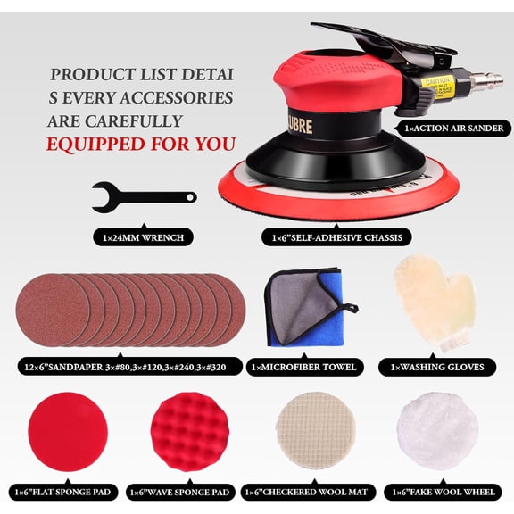 6 Inch Pneumatic  Sander High Speed Random Orbital  Palm Sander for Auto Body Woodworking Polishing with 12 Discs