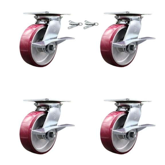 6 Inch Poly on Aluminum Caster Set with Ball Bearing 4 Brake and 2 Swivel Lock