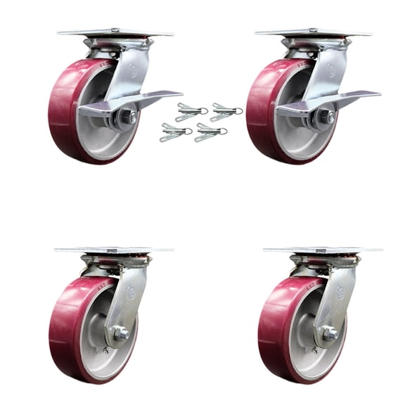 6 Inch Poly on Aluminum Caster Set with Ball Bearing 4 Swivel Lock and 2 Brake