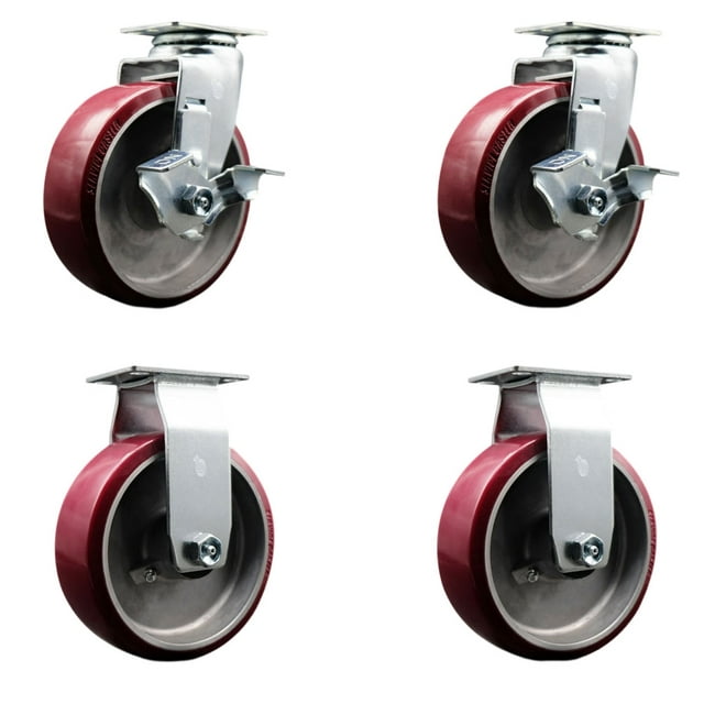 6 Inch Poly on Aluminum Caster Set with Ball Bearings 2 Brakes 2 Rigid SCC