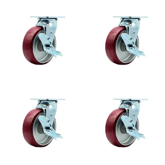 6 Inch Poly on Aluminum Caster Set with Ball Bearings 4 Brake 2 Swivel Lock SCC