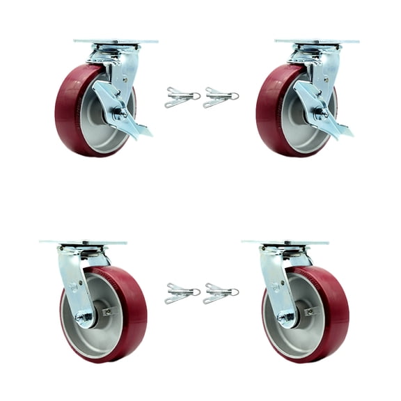 6 Inch Poly on Aluminum Caster Set with Ball Bearings 4 Swivel Lock 2 Brake SCC