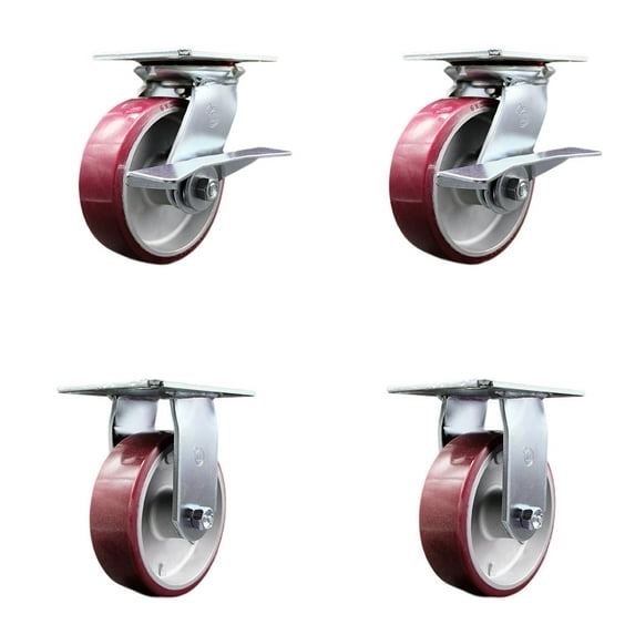 6 Inch Poly on Aluminum Caster Set with Roller Bearing 2 Brakes and 2 Rigid SCC