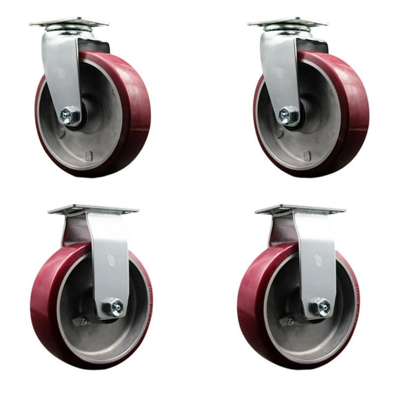 6 Inch Poly on Aluminum Caster Set with Roller Bearings 2 Swivel 2 Rigid SCC