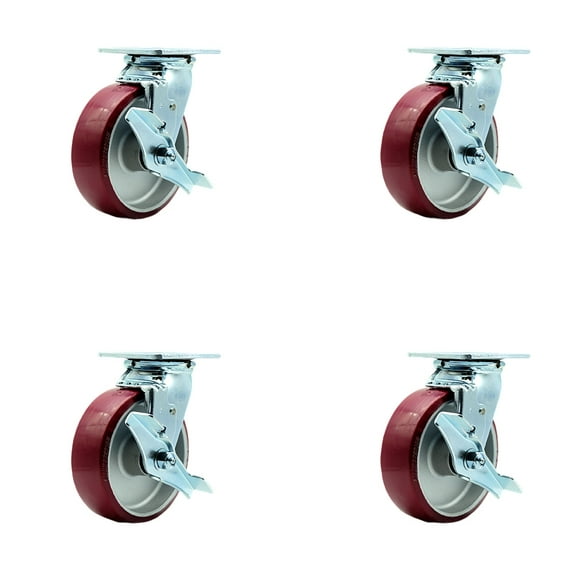 6 Inch Poly on Aluminum Swivel Caster Set with Roller Bearings and Brakes SCC