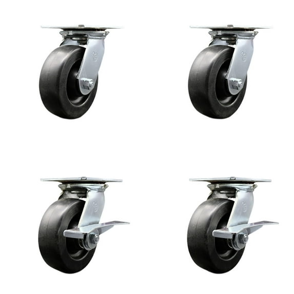 6 Inch Polyolefin Swivel Caster Set with Roller Bearings 2 Brakes Service Caster