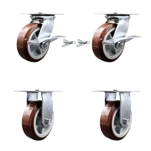 6 Inch Polyurethane Caster Set 2 Brakes/Swivel Locks and 2 Rigid Service Caster