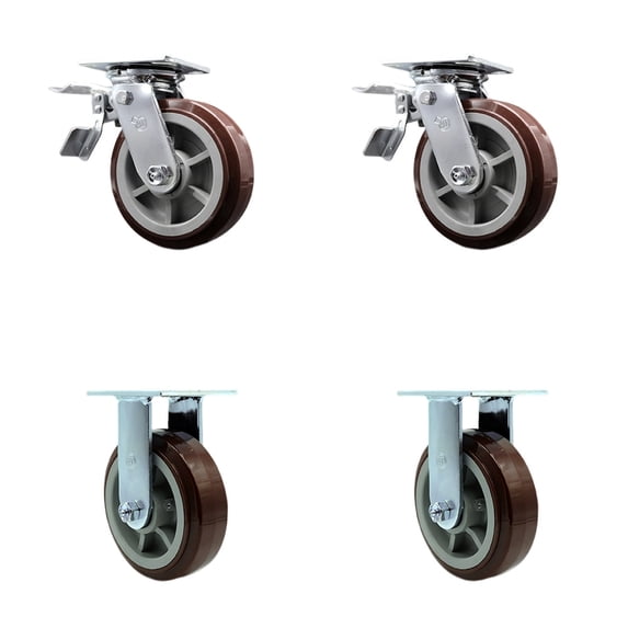 6 Inch Polyurethane Caster Set with Ball Bearing 2 Brakes 2 Rigid Service Caster