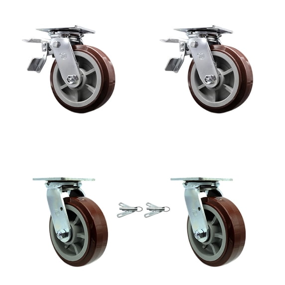6 Inch Polyurethane Caster Set with Ball Bearings 2 Brakes 2 Swivel Locks SCC