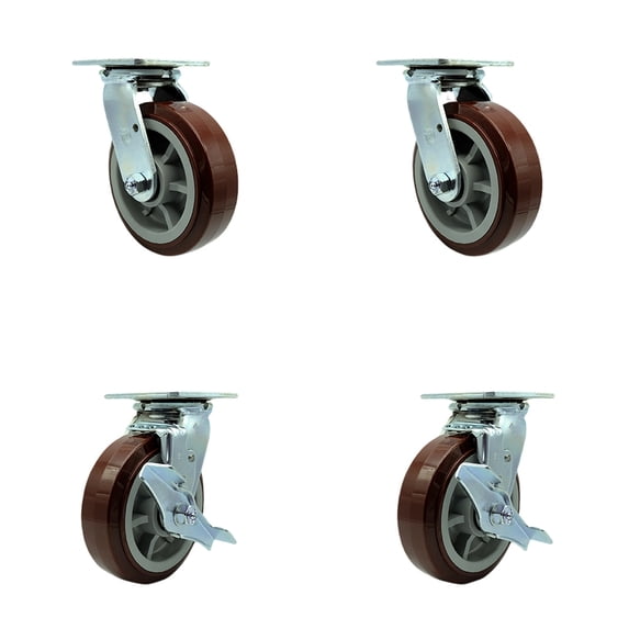 6 Inch Polyurethane Caster Set with Roller Bearings 2 Swivel Lock 2 Brake SCC