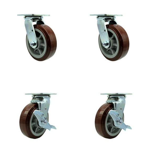 6 Inch Polyurethane Swivel Caster Set with Roller Bearings 2 Brakes SCC