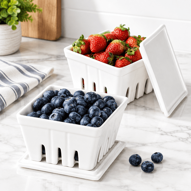 6 Inch Porcelain Berry Basket Set of 2 with Lids, Food-Safe Kitchen ...