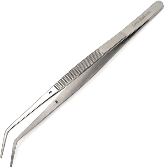 6 Inch Professional Culinary Stainless Steel Precision Tongs with Angled Serrated Tips, Plating/Food Presentation Detailing Serving Tongs, Chef's Kitchen Tweezer Tongs - Ultra Non-Slip Grip