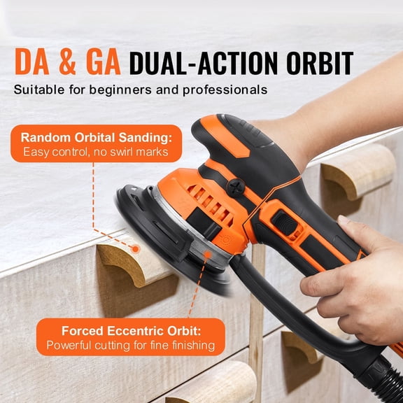6 Inch Random Orbital Sander 850W 7400RPM 6 Variable Speed Dual Action DA GA Electric Palm Sander with 10 Sandpapers Dust Connector for Woodworking Detailing Sanding