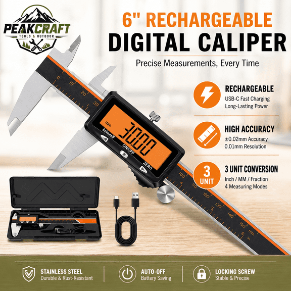 6 Inch Rechargeable Digital Caliper Measuring Tool, Stainless Steel Digital Micrometer, Large Orange Display, Inch/MM/Fraction, Precision Vernier Caliper for DIY, 3D Printing, Woodworking & Jewelry