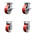 thumbnail image 1 of 6 Inch Red Poly on Cast Iron Caster Set with Ball Bearing 2 Brakes and 2 Rigid, 1 of 2