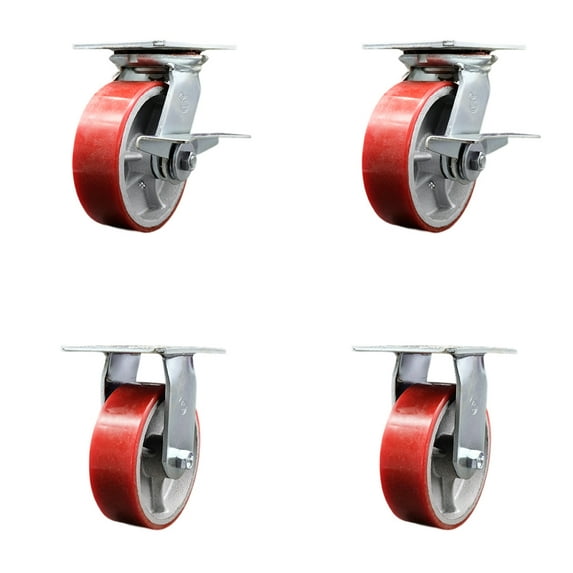 6 Inch Red Poly on Cast Iron Caster Set with Ball Bearing 2 Brakes and 2 Rigid